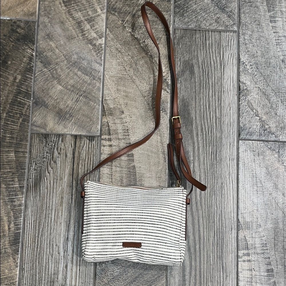 Fossil Striped Navy and White fabric striped Crossbody Bag w/ brown leather trim